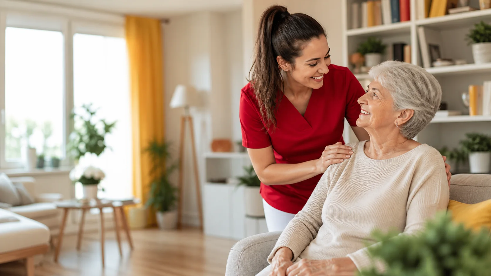 Pflegekraft begleitet eine Seniorin im Karrierebereich